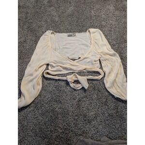 Audrey 3+1 Cream Crinkle Wrap‎ Crop Top Long Balloon Sleeve Boho Medium TH9521